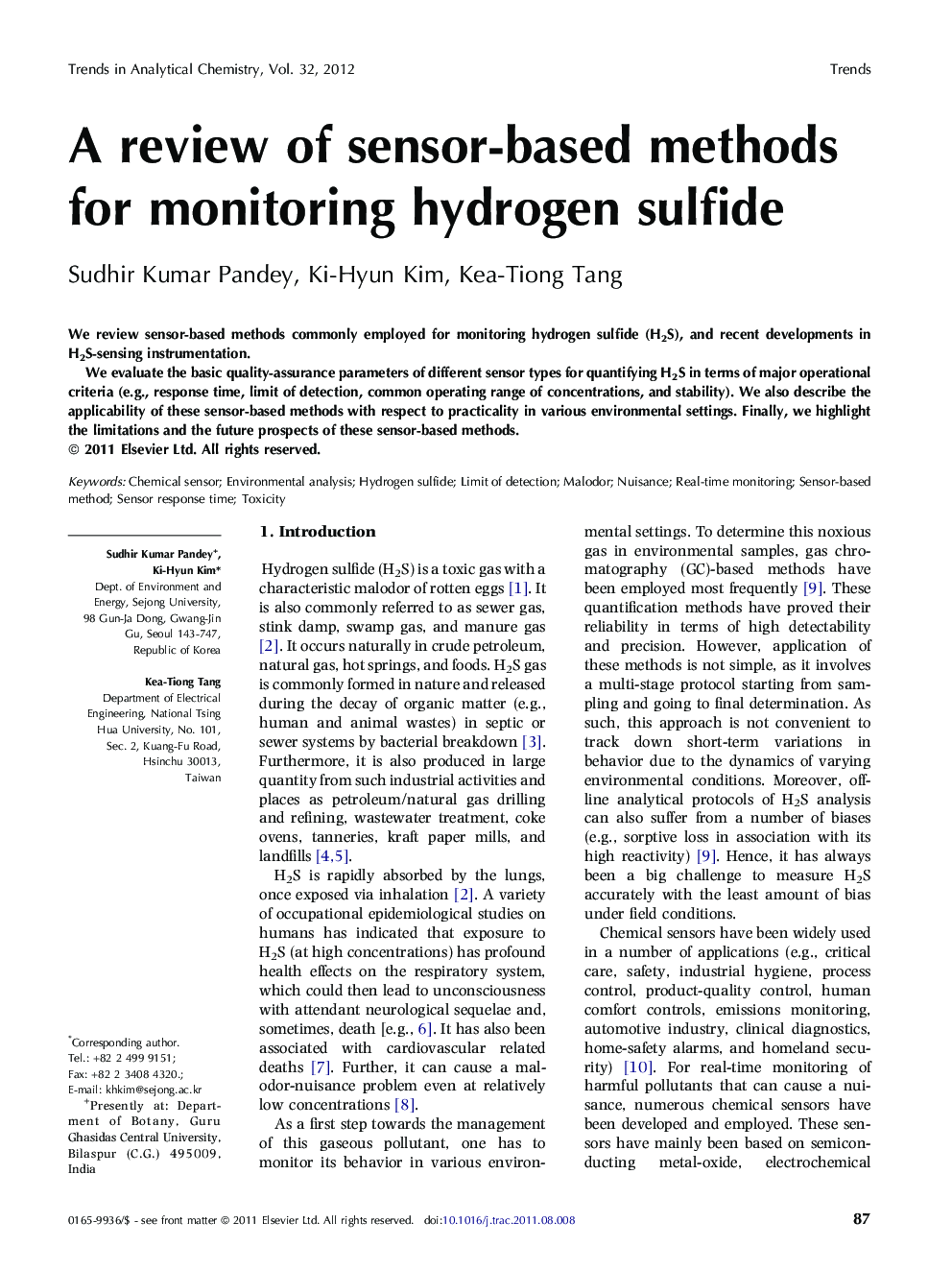 A review of sensor-based methods for monitoring hydrogen sulfide