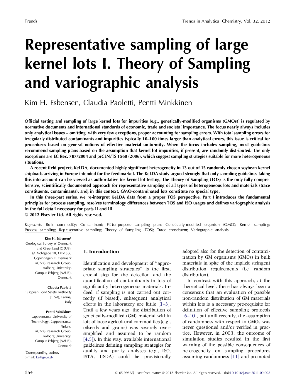 Representative sampling of large kernel lots I. Theory of Sampling and variographic analysis