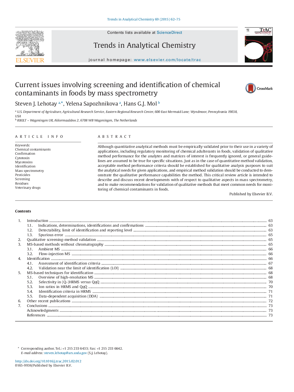 Current issues involving screening and identification of chemical contaminants in foods by mass spectrometry