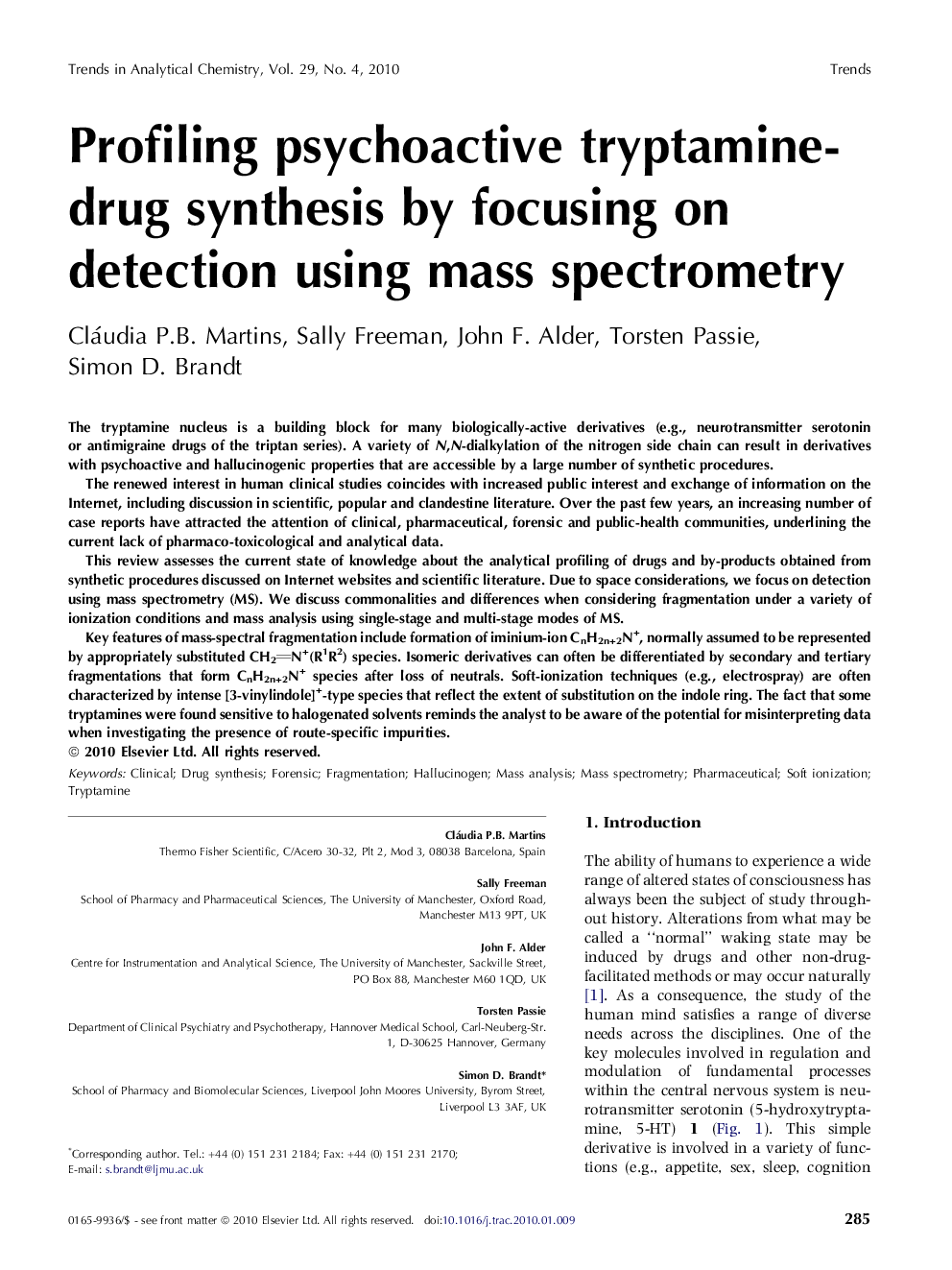 Profiling psychoactive tryptamine-drug synthesis by focusing on detection using mass spectrometry