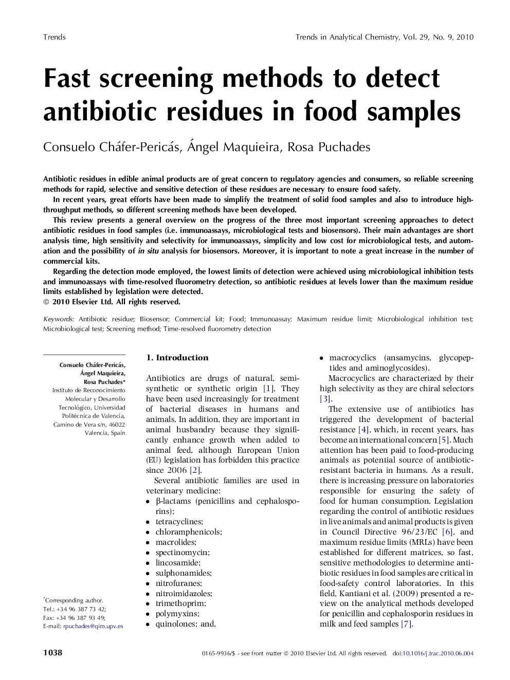 Fast screening methods to detect antibiotic residues in food samples