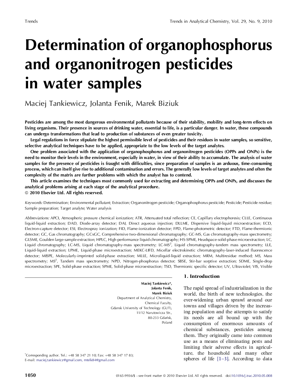 Determination of organophosphorus and organonitrogen pesticides in water samples