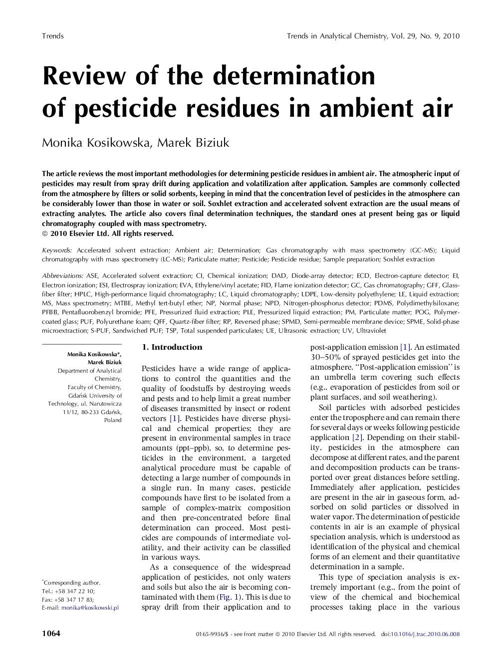 Review of the determination of pesticide residues in ambient air