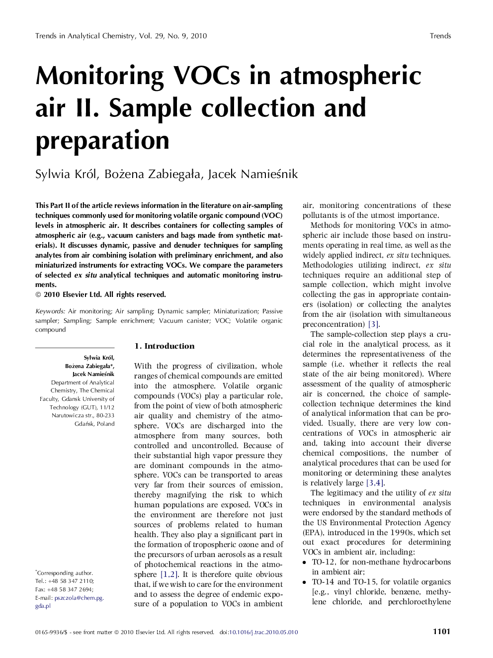Monitoring VOCs in atmospheric air II. Sample collection and preparation