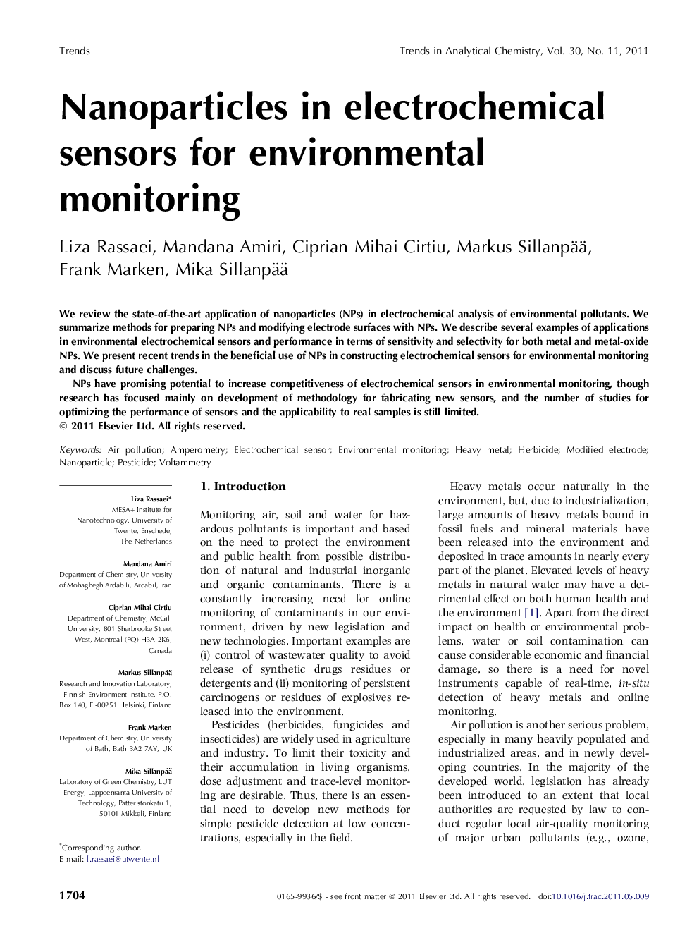 Nanoparticles in electrochemical sensors for environmental monitoring