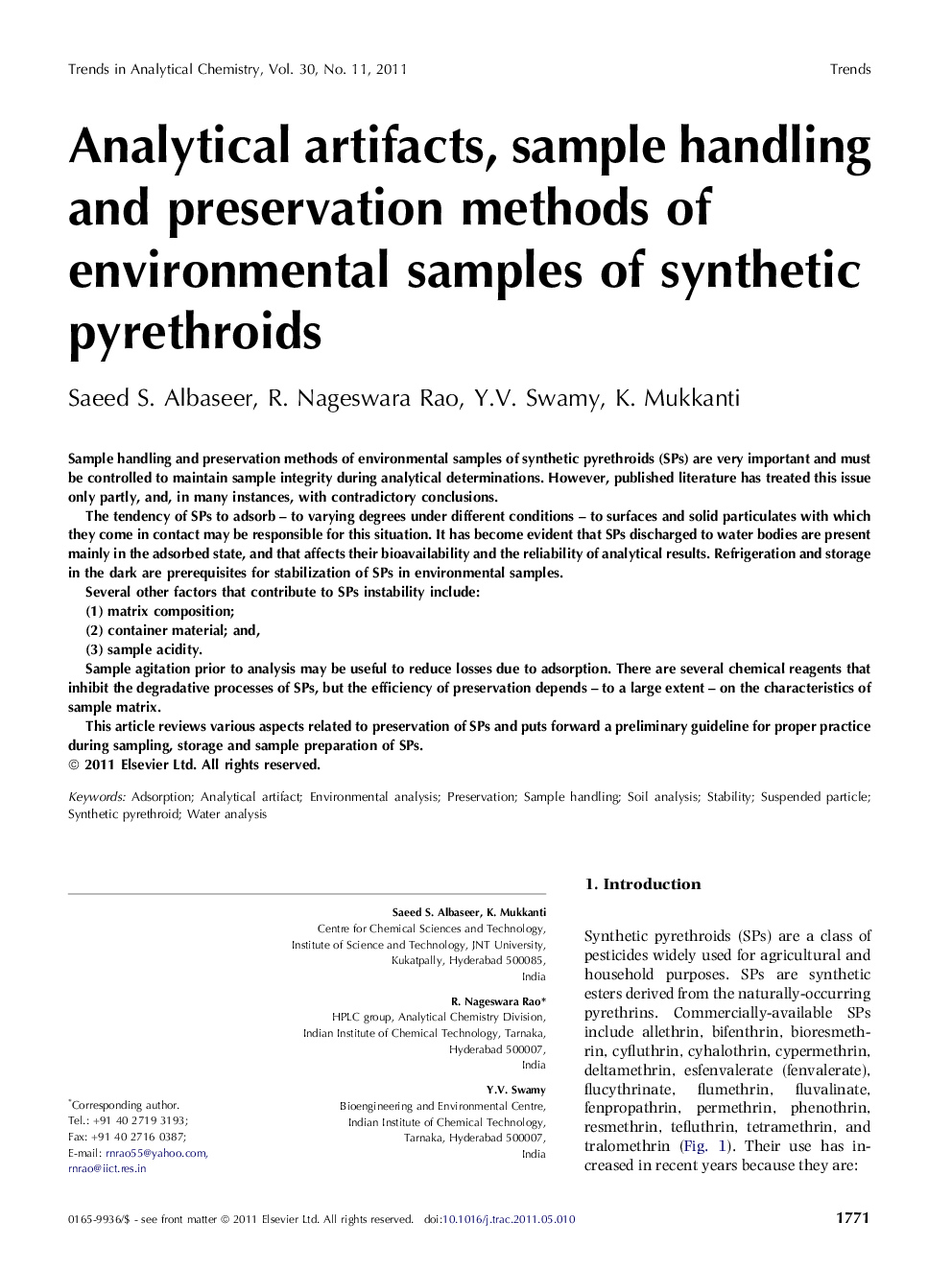 Analytical artifacts, sample handling and preservation methods of environmental samples of synthetic pyrethroids