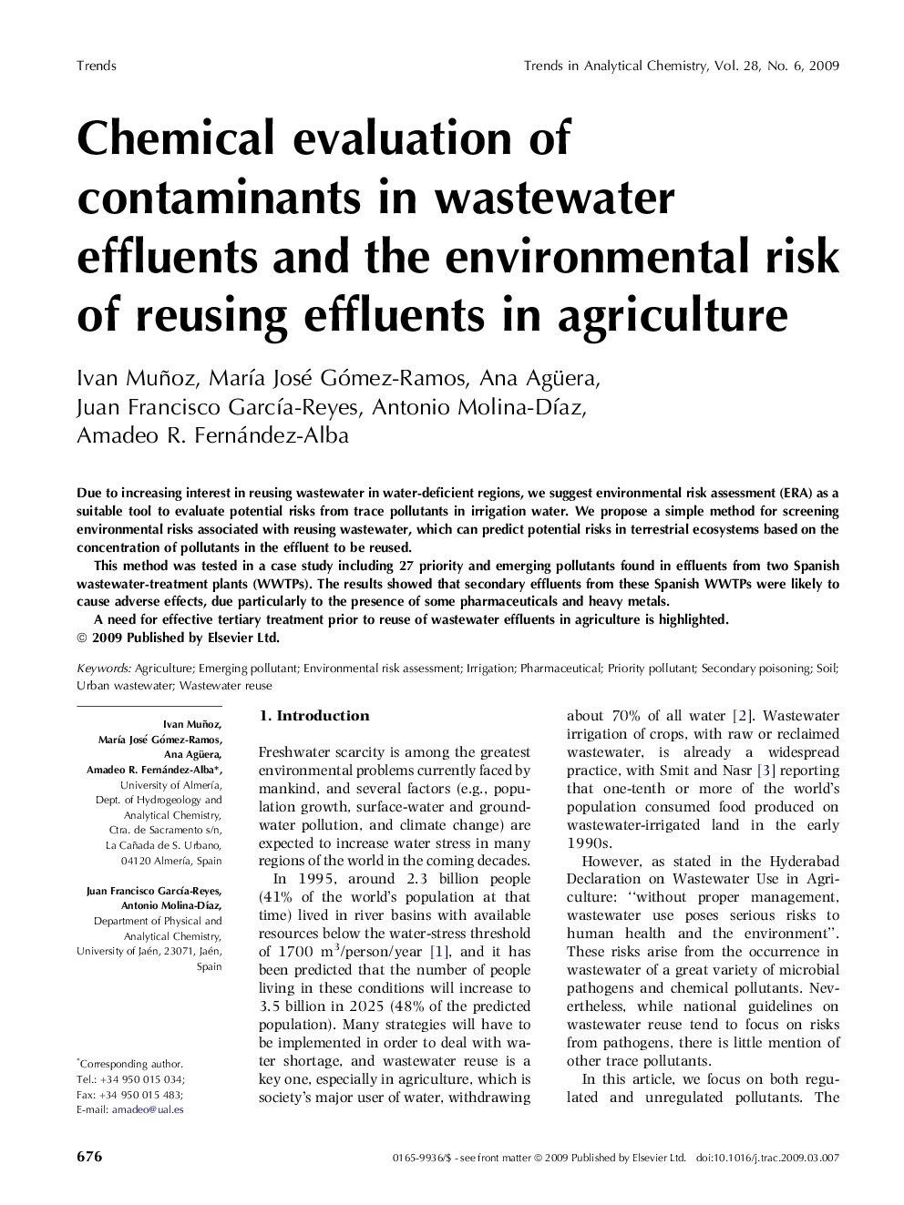 Chemical evaluation of contaminants in wastewater effluents and the environmental risk of reusing effluents in agriculture