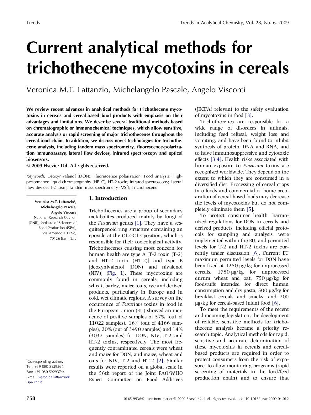 Current analytical methods for trichothecene mycotoxins in cereals