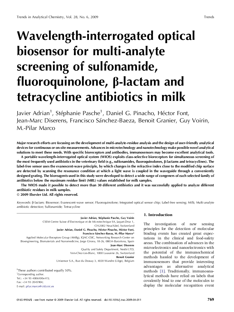 Wavelength-interrogated optical biosensor for multi-analyte screening of sulfonamide, fluoroquinolone, β-lactam and tetracycline antibiotics in milk