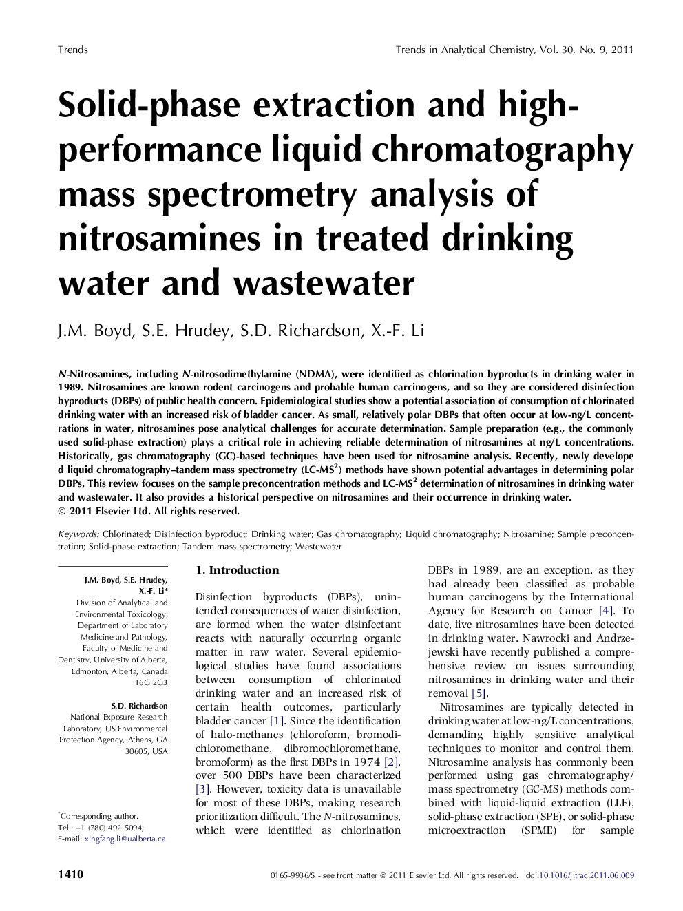 Solid-phase extraction and high-performance liquid chromatography mass spectrometry analysis of nitrosamines in treated drinking water and wastewater