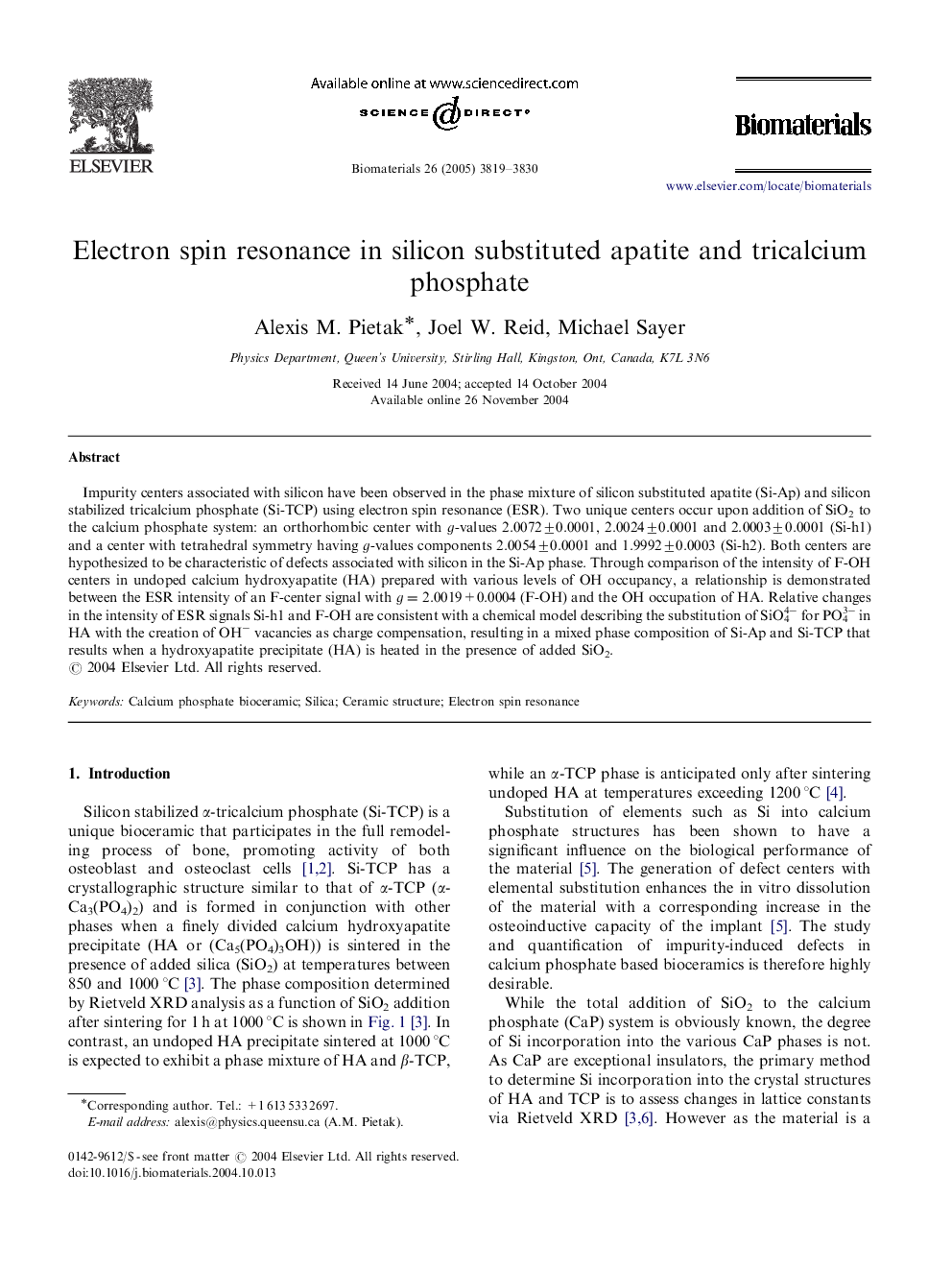 Electron spin resonance in silicon substituted apatite and tricalcium phosphate