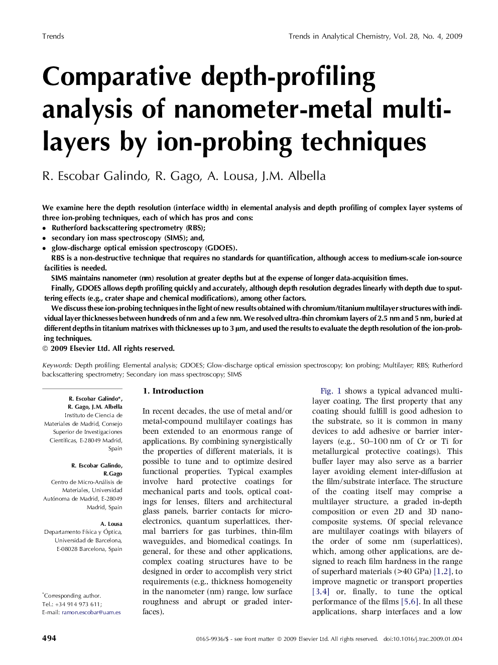 Comparative depth-profiling analysis of nanometer-metal multilayers by ion-probing techniques