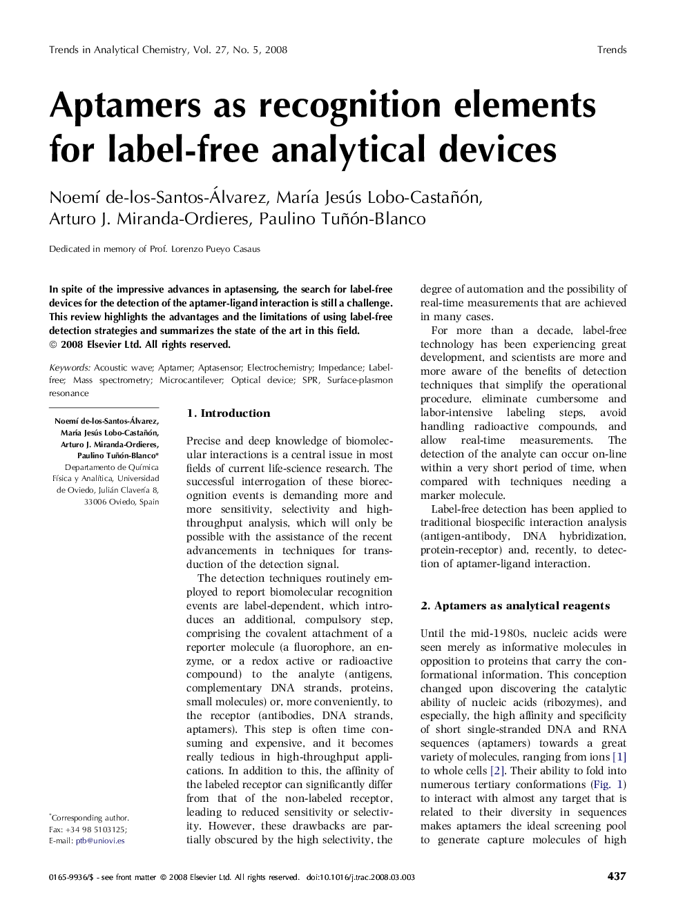 Aptamers as recognition elements for label-free analytical devices