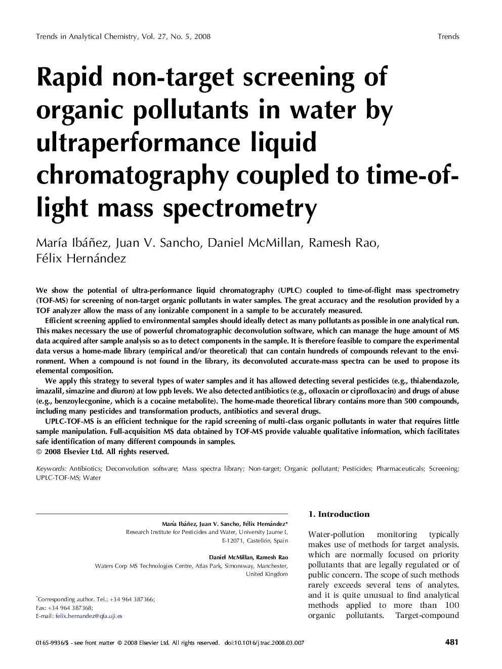 Rapid non-target screening of organic pollutants in water by ultraperformance liquid chromatography coupled to time-of-light mass spectrometry