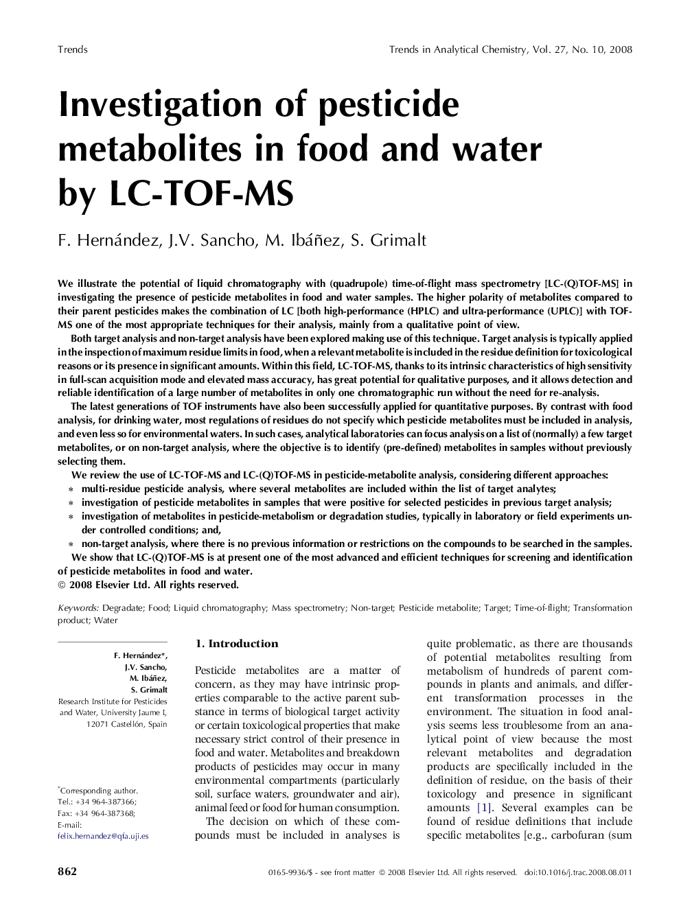 Investigation of pesticide metabolites in food and water by LC-TOF-MS