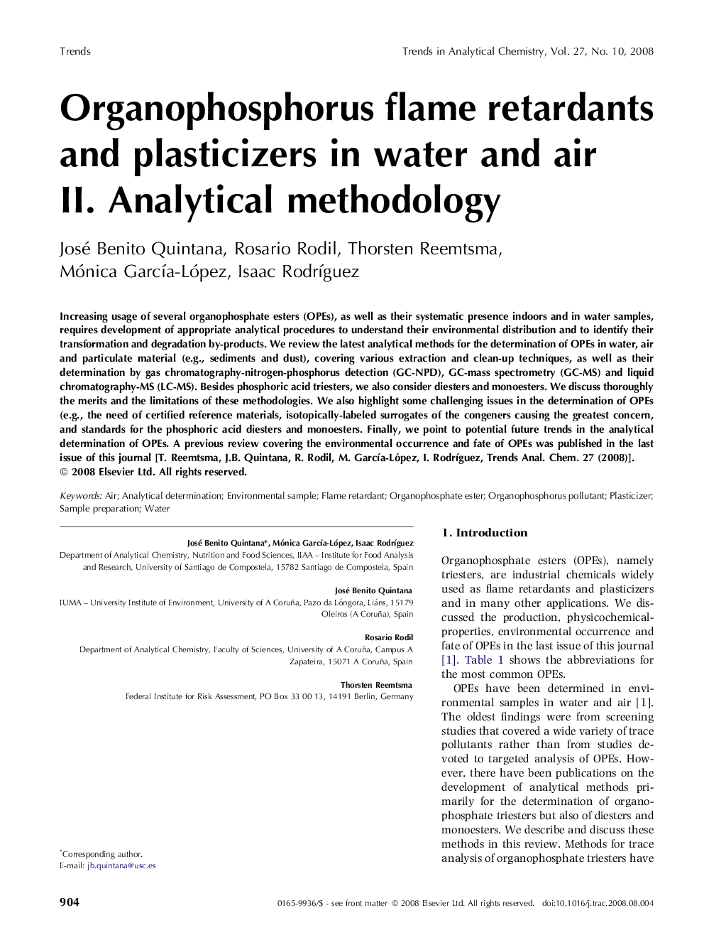 Organophosphorus flame retardants and plasticizers in water and air II. Analytical methodology