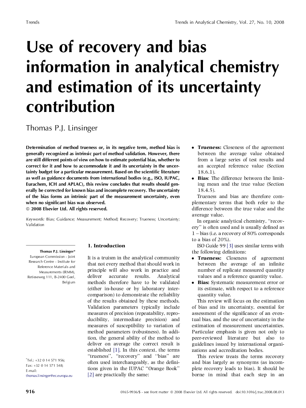 Use of recovery and bias information in analytical chemistry and estimation of its uncertainty contribution