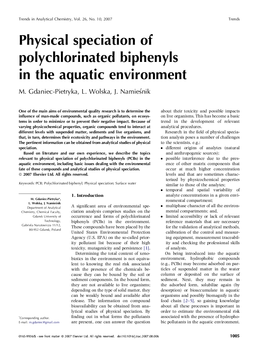 Physical speciation of polychlorinated biphenyls in the aquatic environment