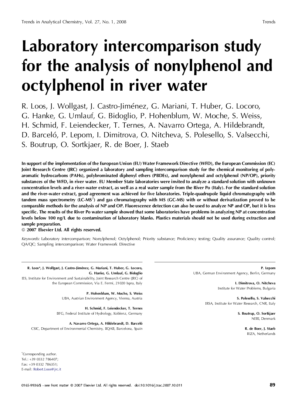 Laboratory intercomparison study for the analysis of nonylphenol and octylphenol in river water