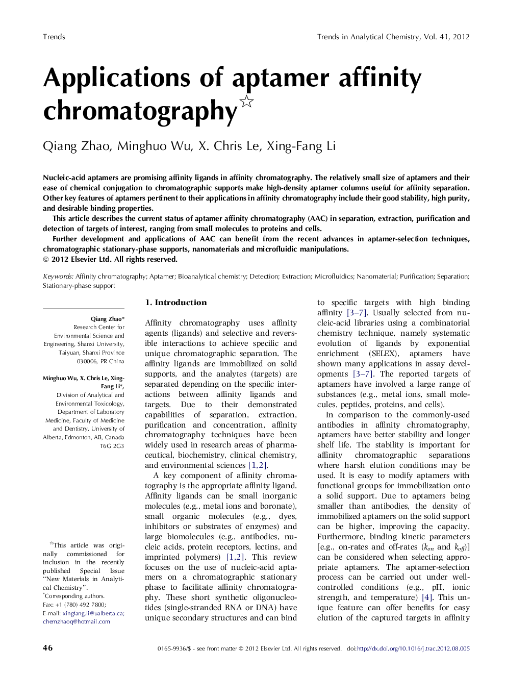 Applications of aptamer affinity chromatography 