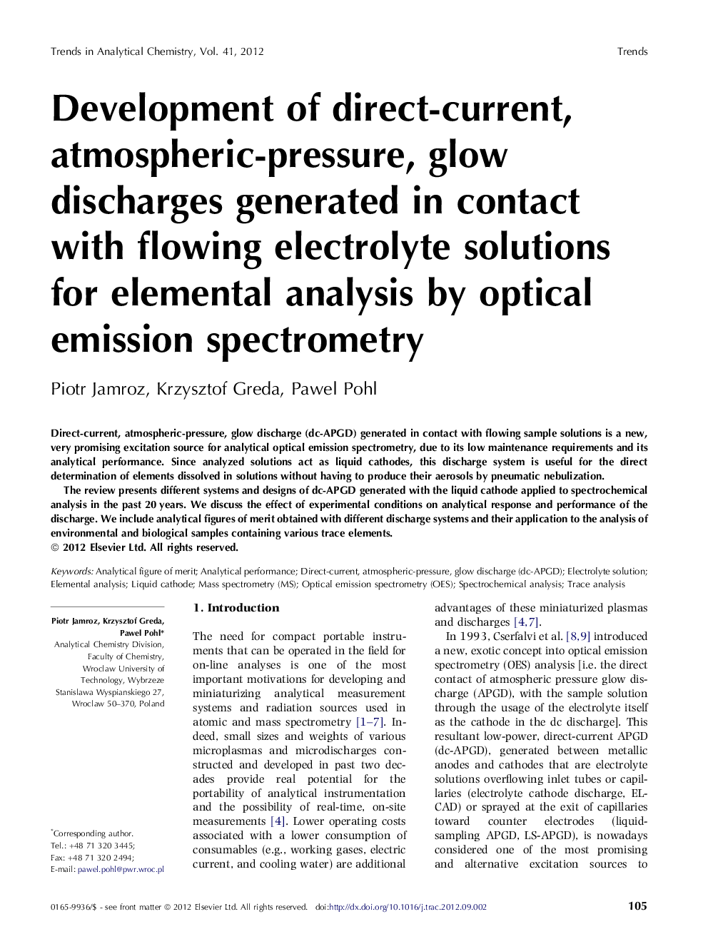 Development of direct-current, atmospheric-pressure, glow discharges generated in contact with flowing electrolyte solutions for elemental analysis by optical emission spectrometry