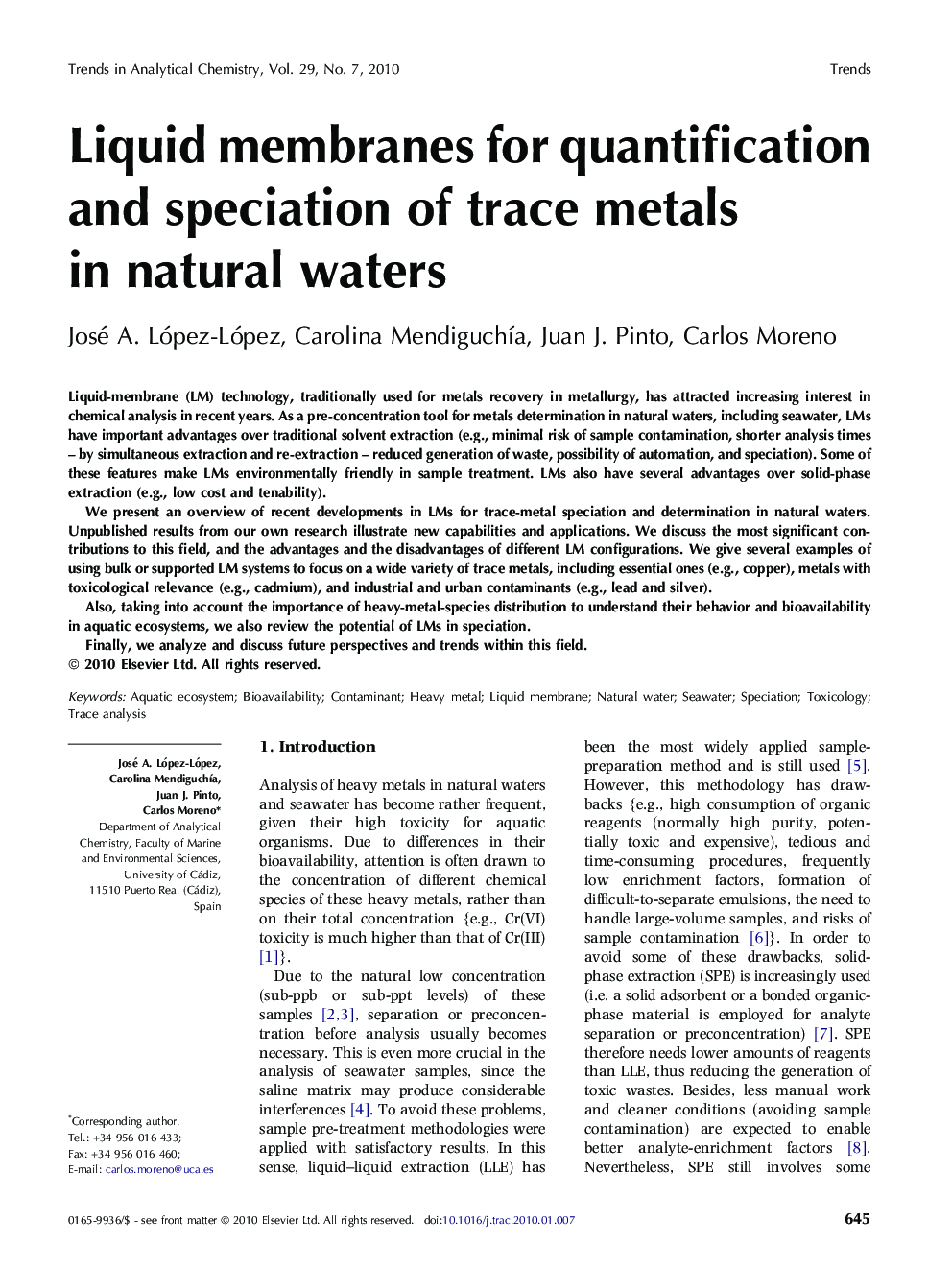 Liquid membranes for quantification and speciation of trace metals in natural waters