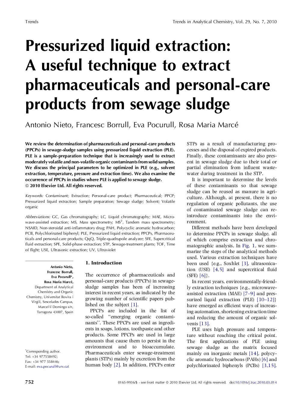 Pressurized liquid extraction: A useful technique to extract pharmaceuticals and personal-care products from sewage sludge