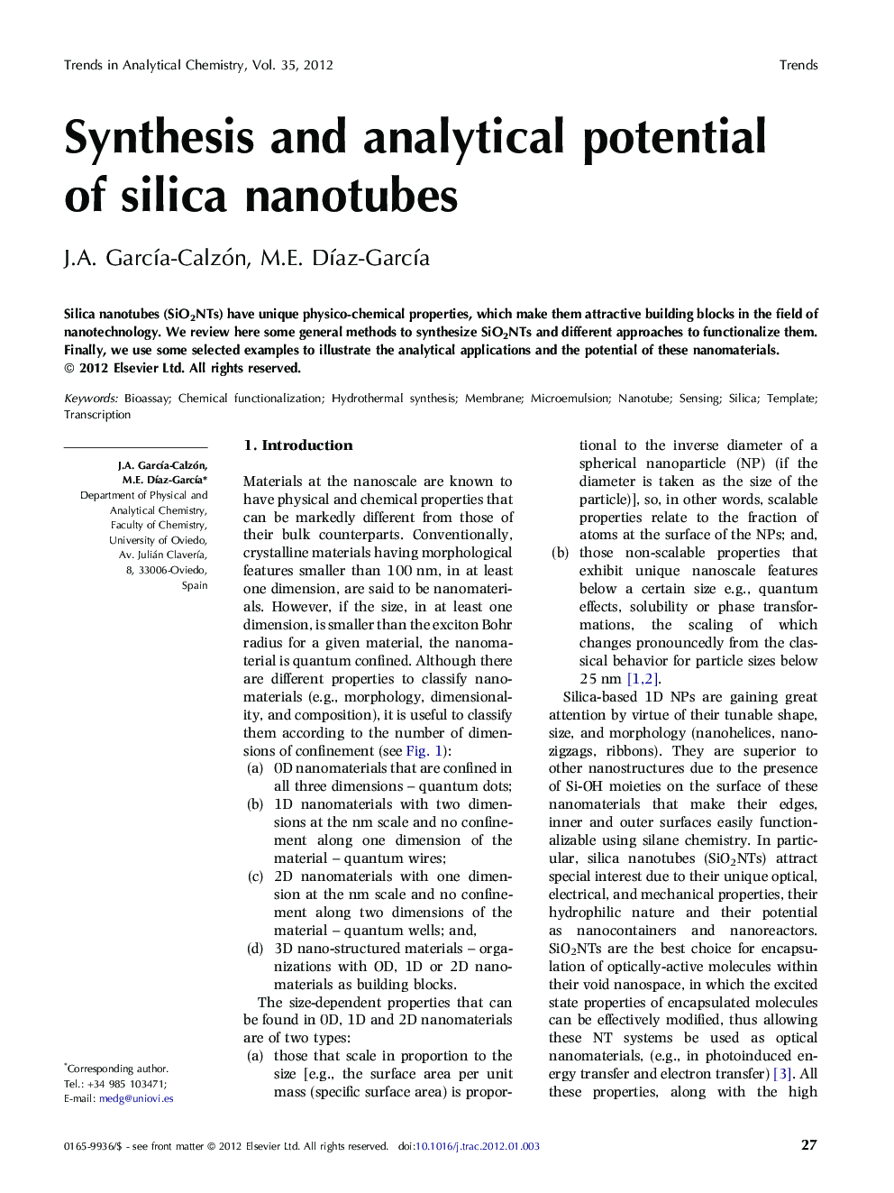 Synthesis and analytical potential of silica nanotubes