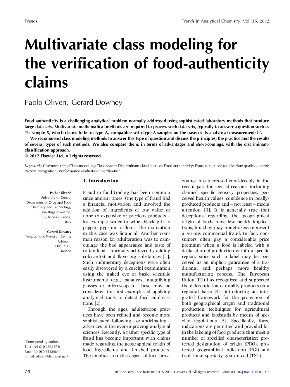 Multivariate class modeling for the verification of food-authenticity claims