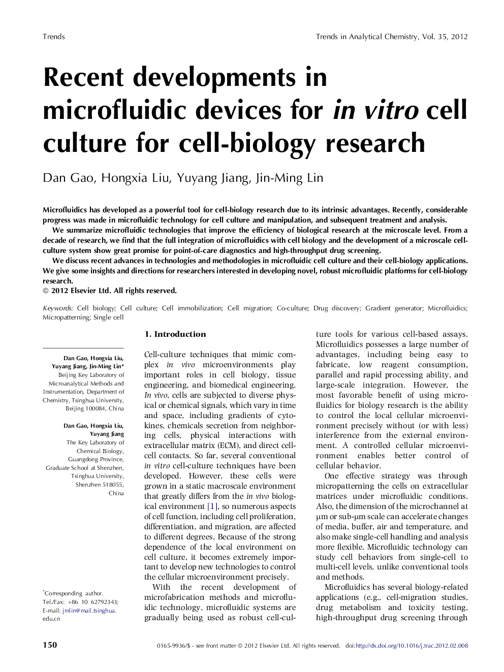 Recent developments in microfluidic devices for in vitro cell culture for cell-biology research