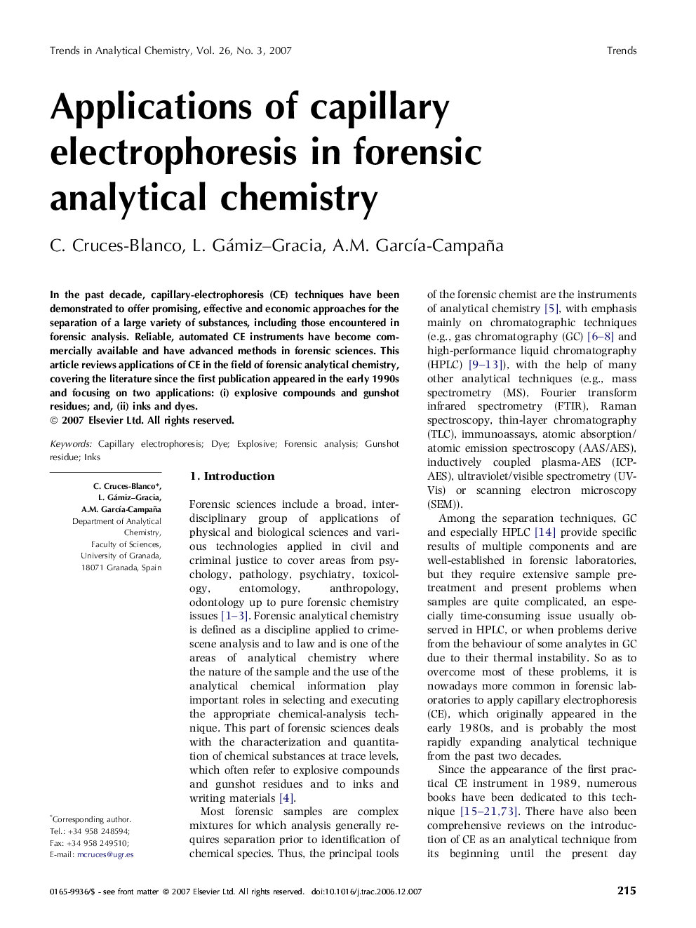 Applications of capillary electrophoresis in forensic analytical chemistry