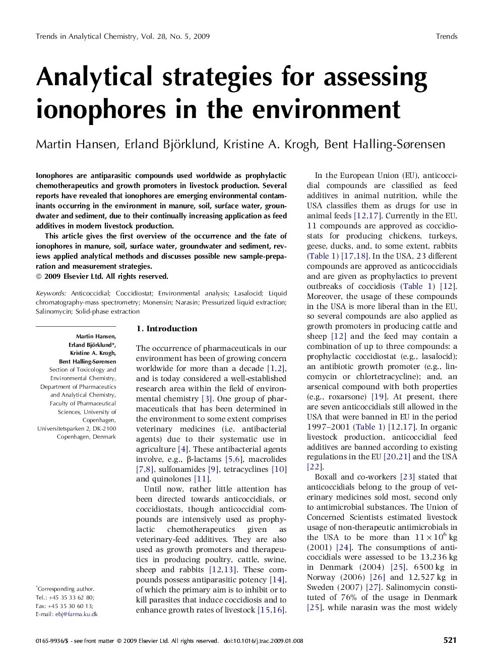Analytical strategies for assessing ionophores in the environment