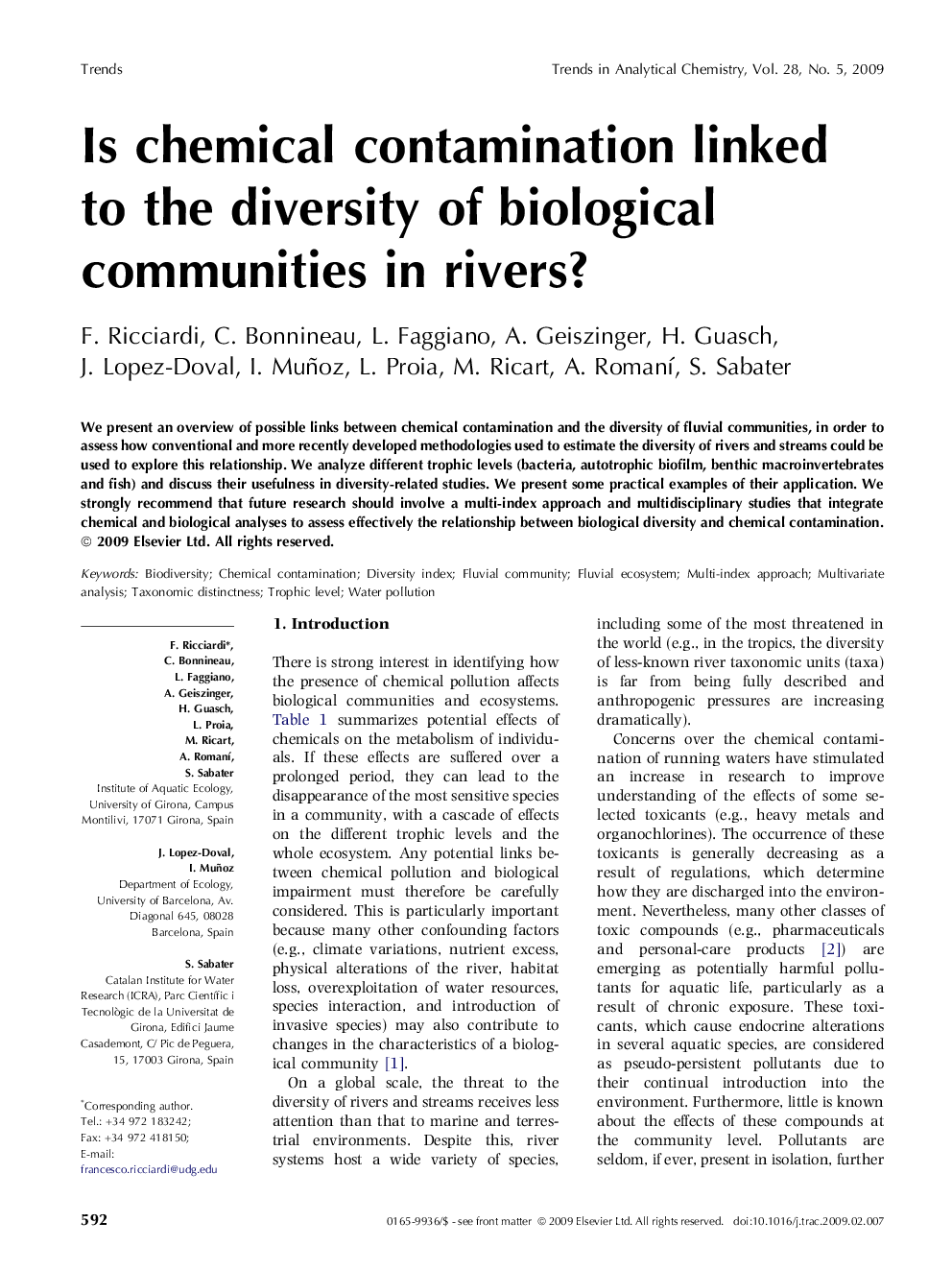 Is chemical contamination linked to the diversity of biological communities in rivers?