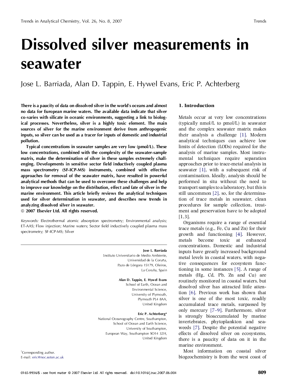 Dissolved silver measurements in seawater