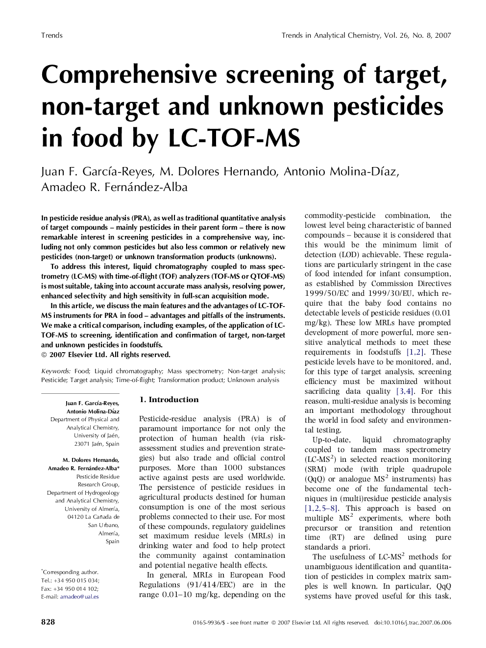 Comprehensive screening of target, non-target and unknown pesticides in food by LC-TOF-MS