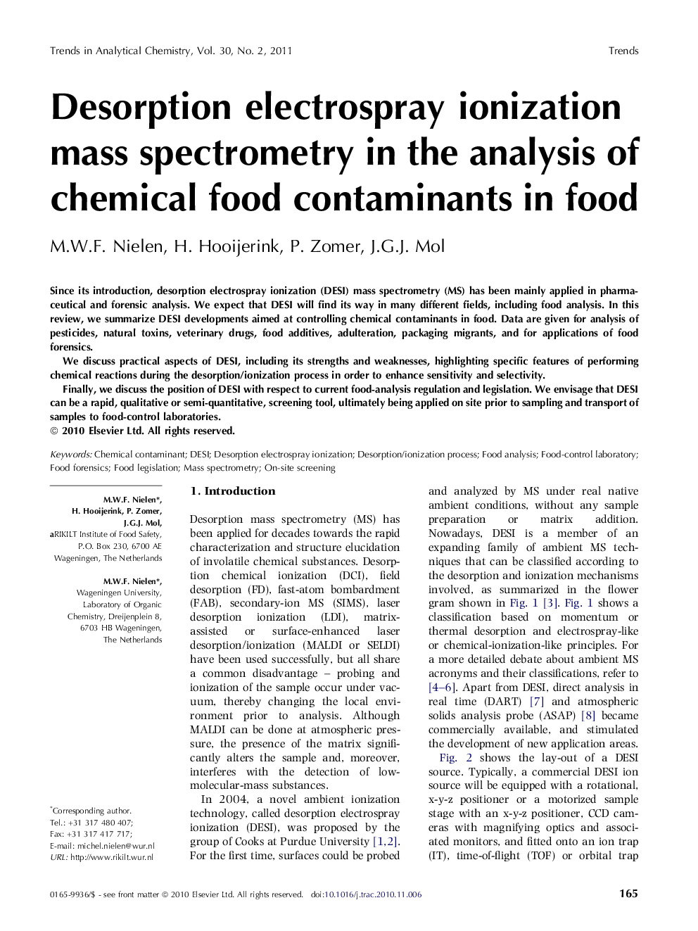 Desorption electrospray ionization mass spectrometry in the analysis of chemical food contaminants in food