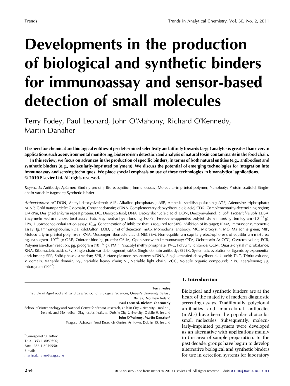 Developments in the production of biological and synthetic binders for immunoassay and sensor-based detection of small molecules