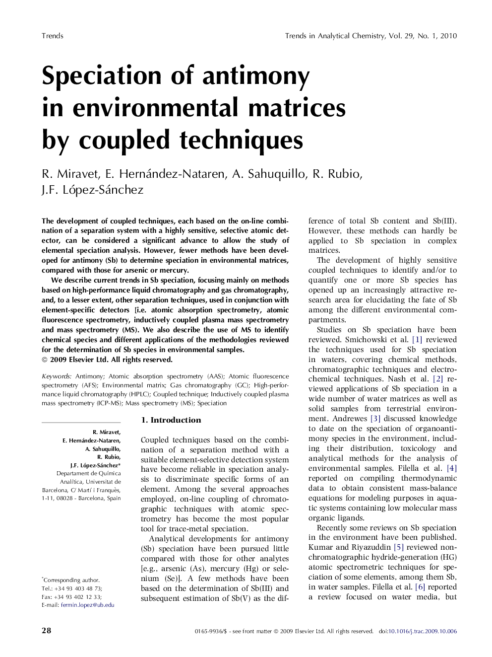 Speciation of antimony in environmental matrices by coupled techniques