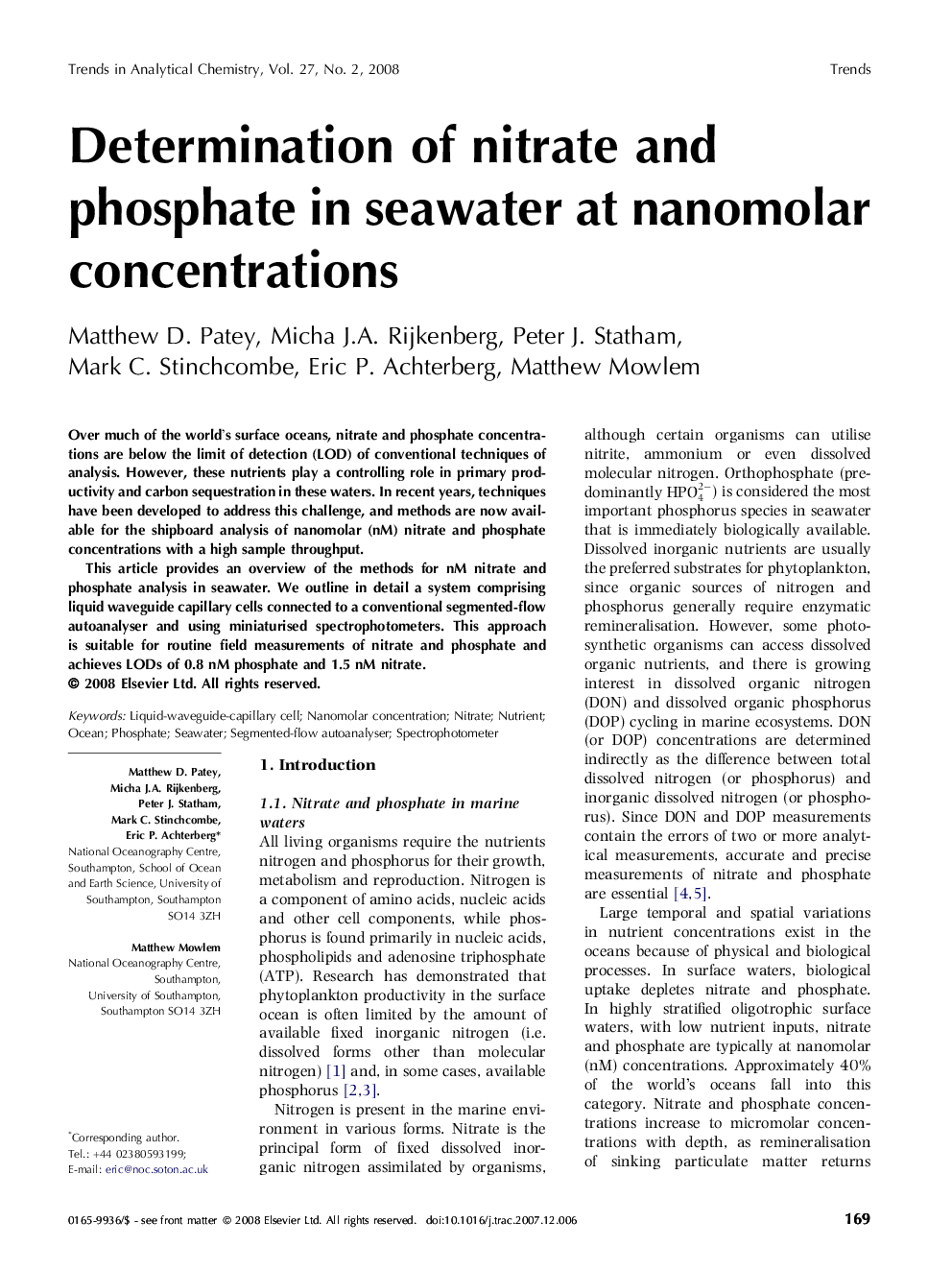 Determination of nitrate and phosphate in seawater at nanomolar concentrations