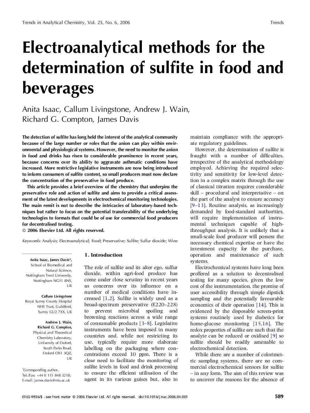 Electroanalytical methods for the determination of sulfite in food and beverages