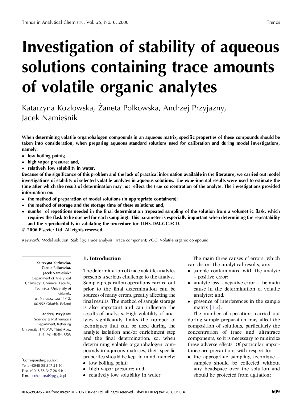 Investigation of stability of aqueous solutions containing trace amounts of volatile organic analytes