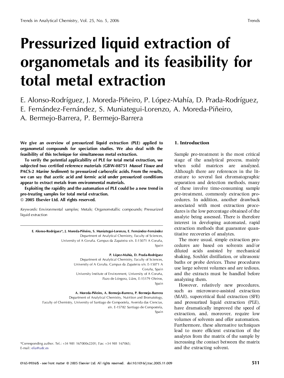 Pressurized liquid extraction of organometals and its feasibility for total metal extraction