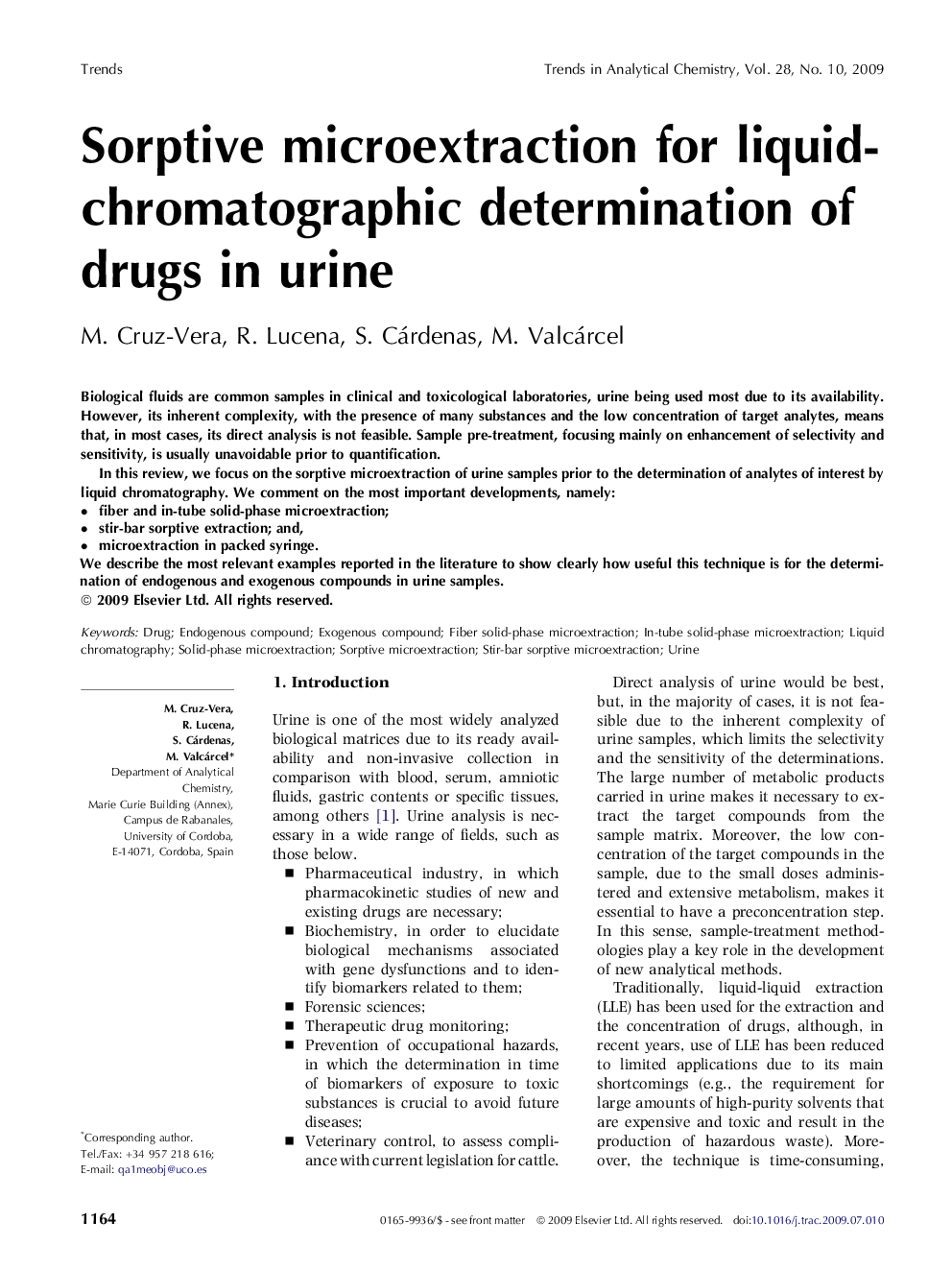 Sorptive microextraction for liquid-chromatographic determination of drugs in urine