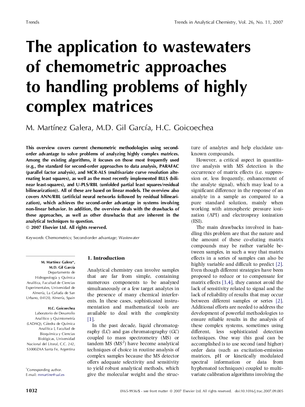 The application to wastewaters of chemometric approaches to handling problems of highly complex matrices