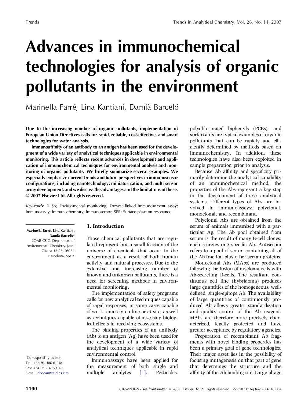 Advances in immunochemical technologies for analysis of organic pollutants in the environment