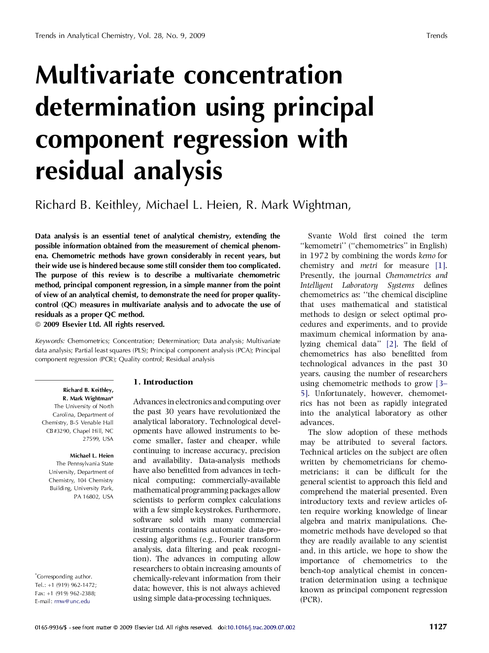 Multivariate concentration determination using principal component regression with residual analysis