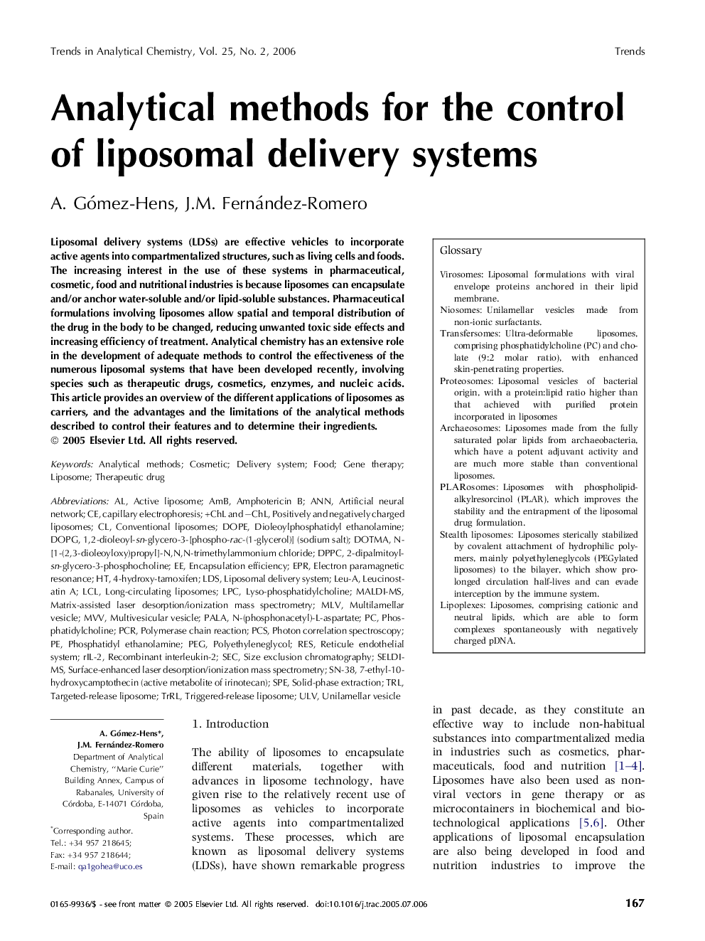 Analytical methods for the control of liposomal delivery systems