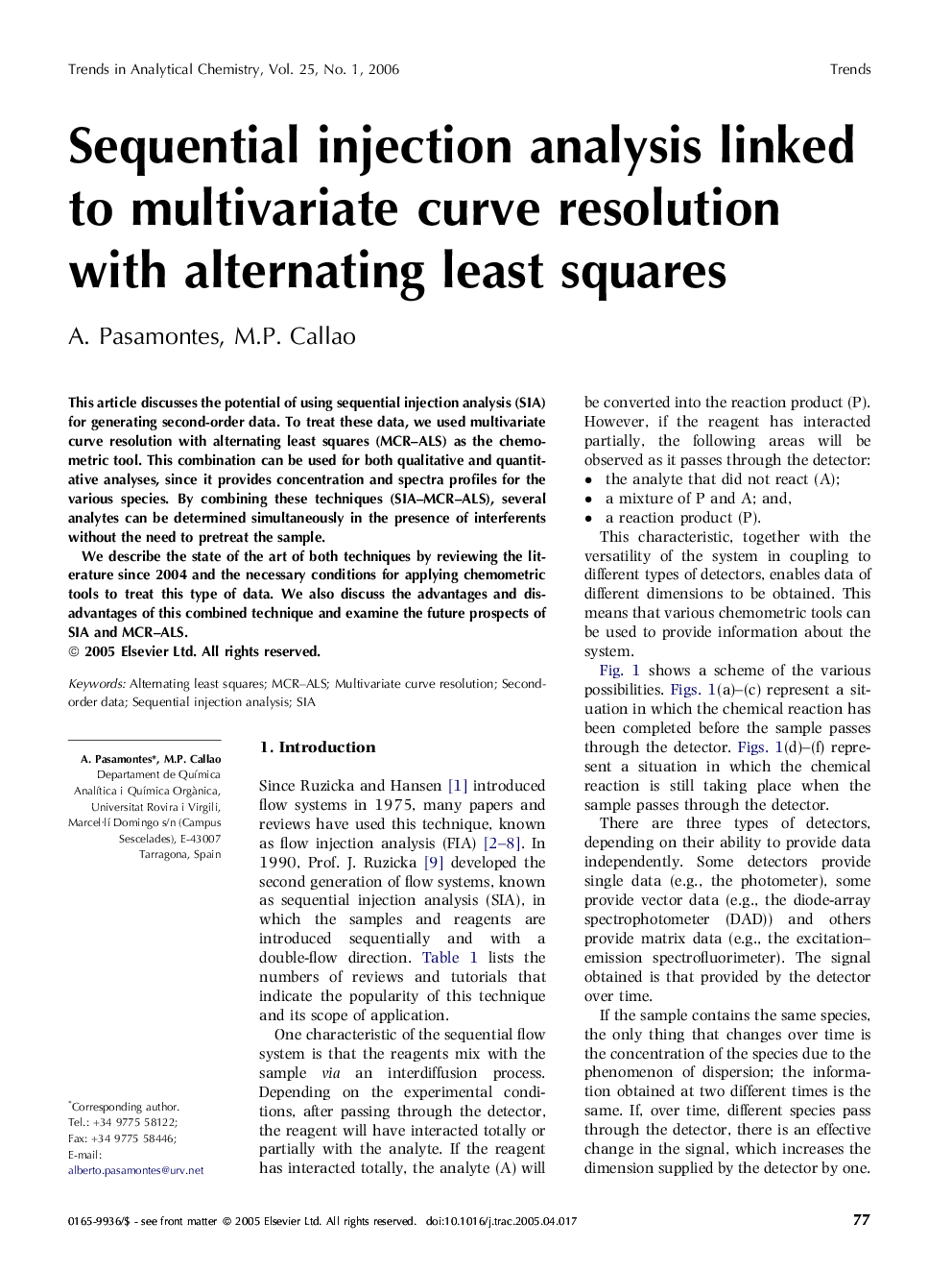 Sequential injection analysis linked to multivariate curve resolution with alternating least squares