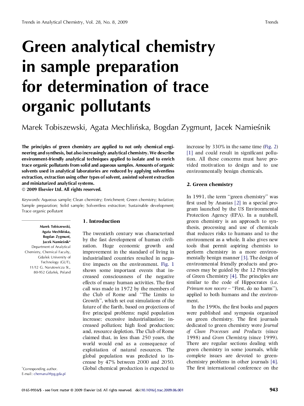 Green analytical chemistry in sample preparation for determination of trace organic pollutants