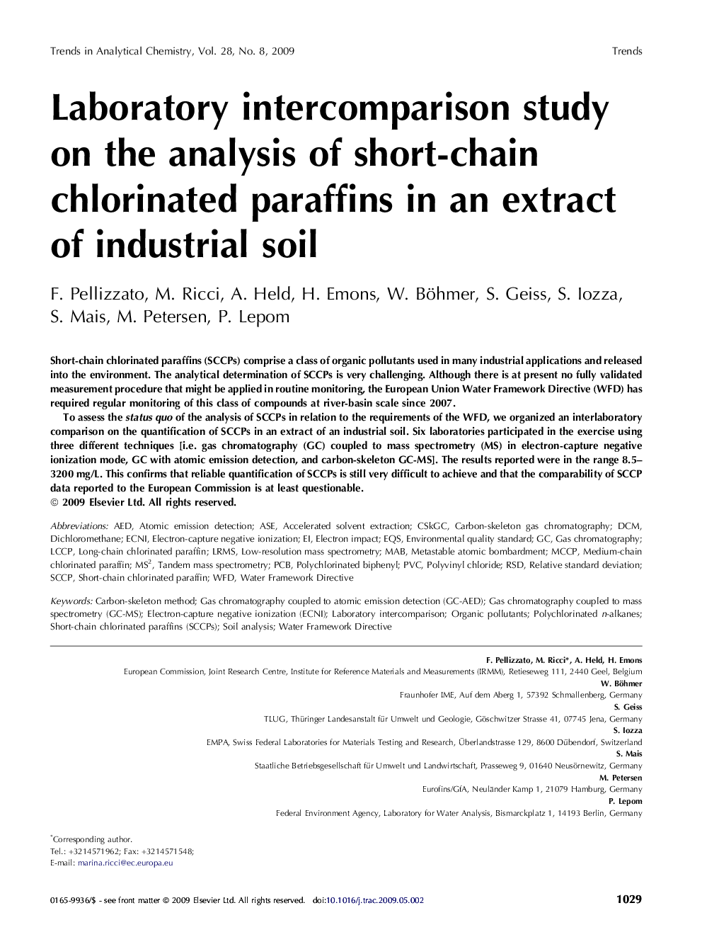Laboratory intercomparison study on the analysis of short-chain chlorinated paraffins in an extract of industrial soil